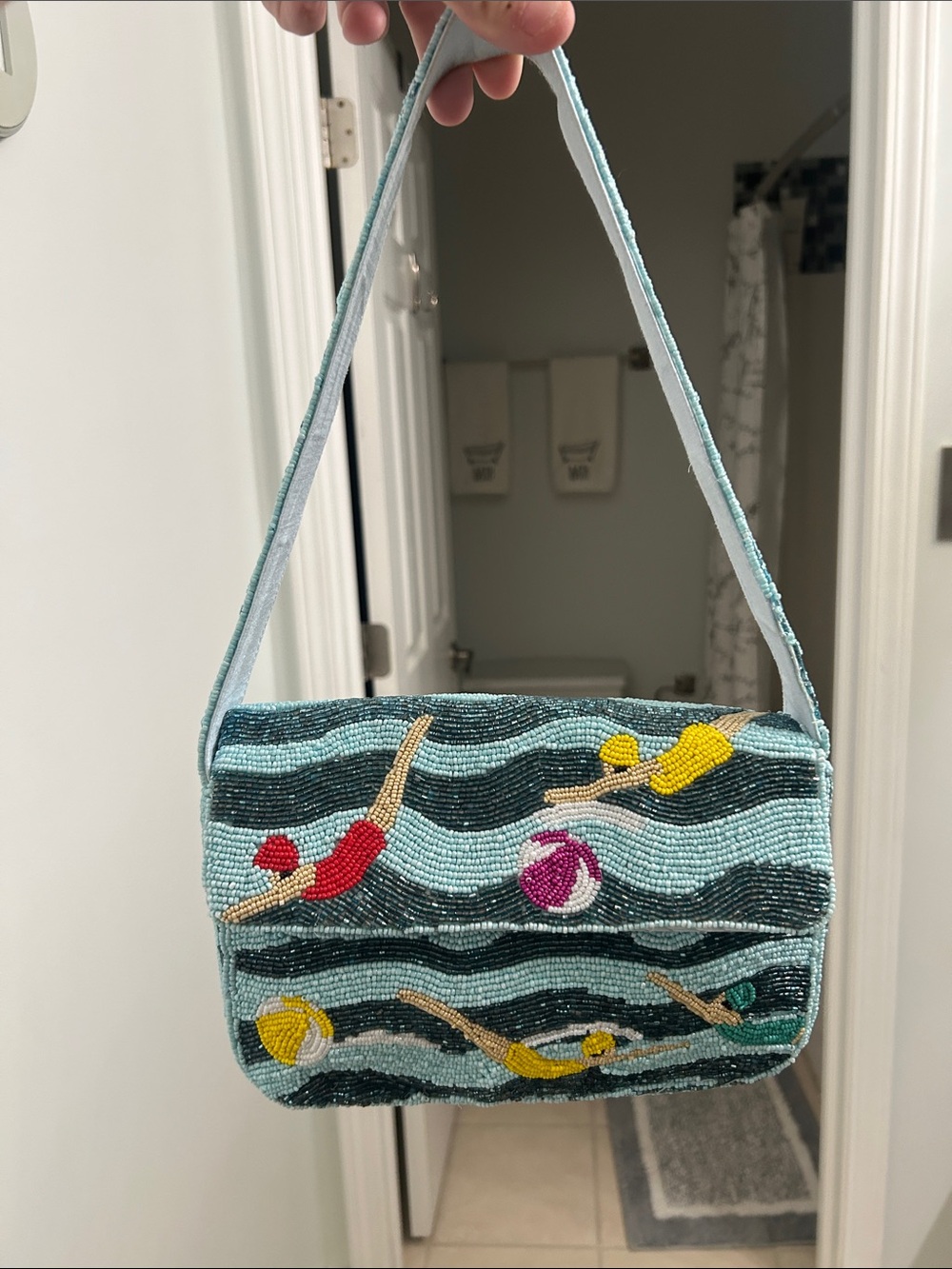 Beaded Light Blue Swimmer Motif Shoulder Bag